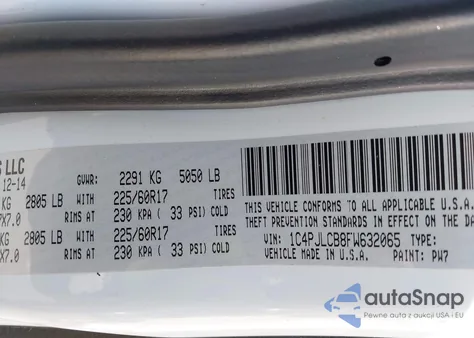 2015 Jeep Cherokee Latitude из США, поврежденный, VIN 1C4PJLCB8FW632065